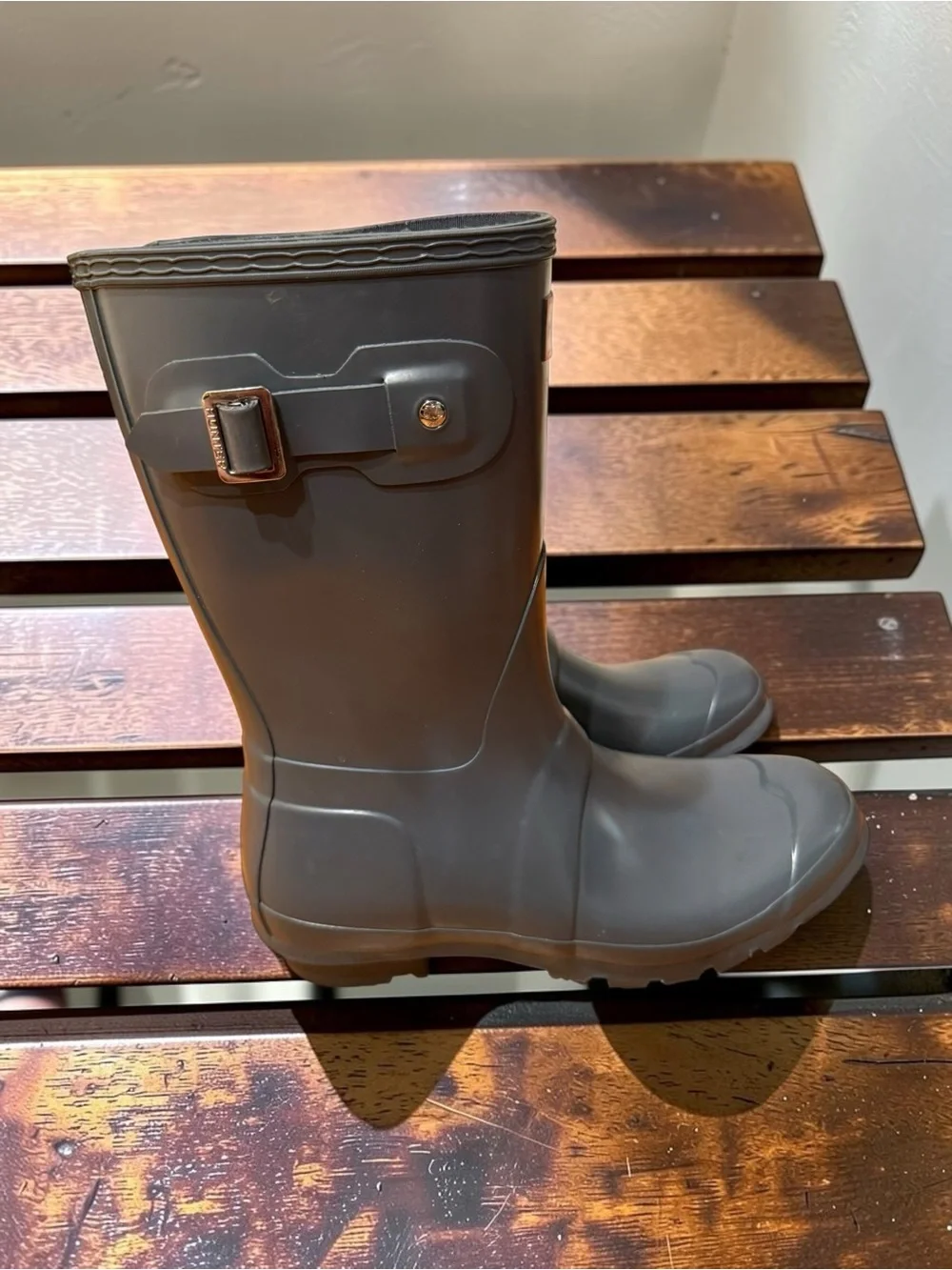 Hunter Gray Mid-Calf Rubber Rain Boots with Side Buckle